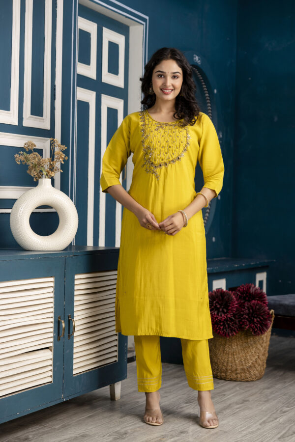 Handworked Kurti Set with Plain Trouser & Dupatta - Image 3