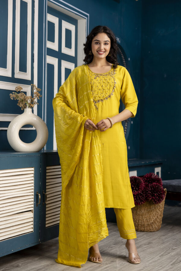 Handworked Kurti Set with Plain Trouser & Dupatta - Image 5