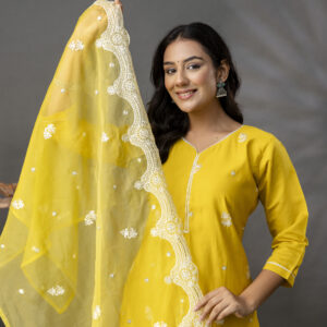 Thread Work Kurti with Plain Trouser Set