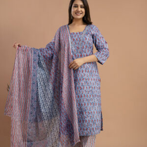 Printed Resham & Sequence Worked V-Neck Kurti with Printed Dupatta & Pants