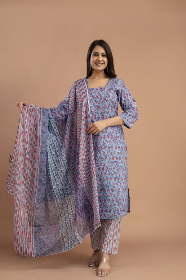Printed Resham & Sequence Worked V-Neck Kurti with Printed Dupatta & Pants