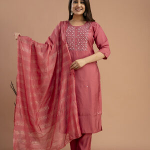 Handworked Round Neck Kurti with Plain Dupatta & Plain Trousers