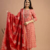 Printed Resham Worked Round Neck Kurti with Printed Dupatta & Printed Pants