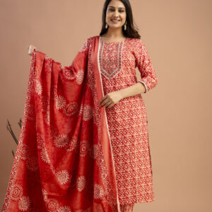 Printed Resham Worked Round Neck Kurti with Printed Dupatta & Printed Pants