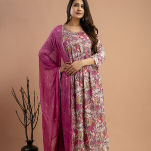 Printed Chiffon V-Neck Kurti with Embellished Dupatta & Simple Trousers