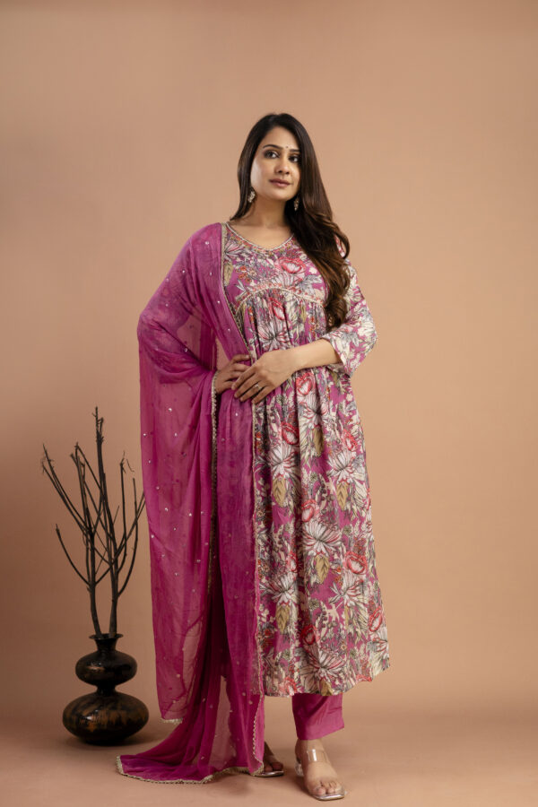 Printed Chiffon V-Neck Kurti with Embellished Dupatta & Simple Trousers