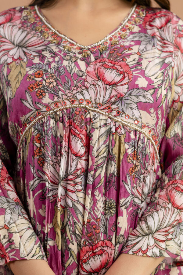 Printed Chiffon V-Neck Kurti with Embellished Dupatta & Simple Trousers - Image 3