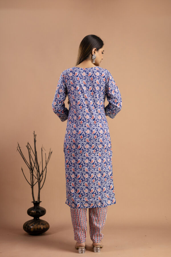 Printed V-Neck Kurti with Resham & Sequence Embellishments, Printed Dupatta & Trousers - Image 6
