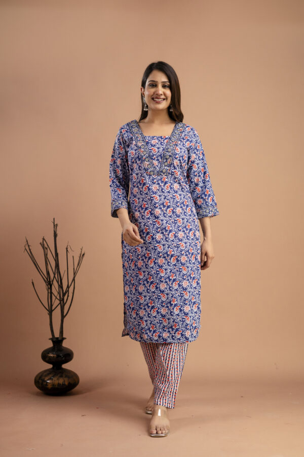Printed V-Neck Kurti with Resham & Sequence Embellishments, Printed Dupatta & Trousers - Image 5