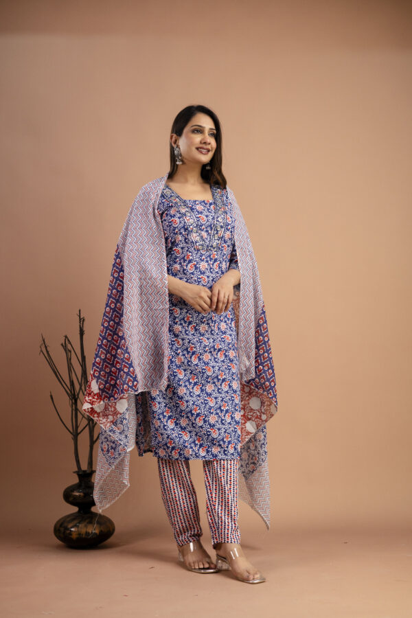 Printed V-Neck Kurti with Resham & Sequence Embellishments, Printed Dupatta & Trousers - Image 2