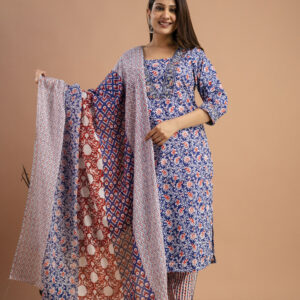 Printed V-Neck Kurti with Resham & Sequence Embellishments, Printed Dupatta & Trousers