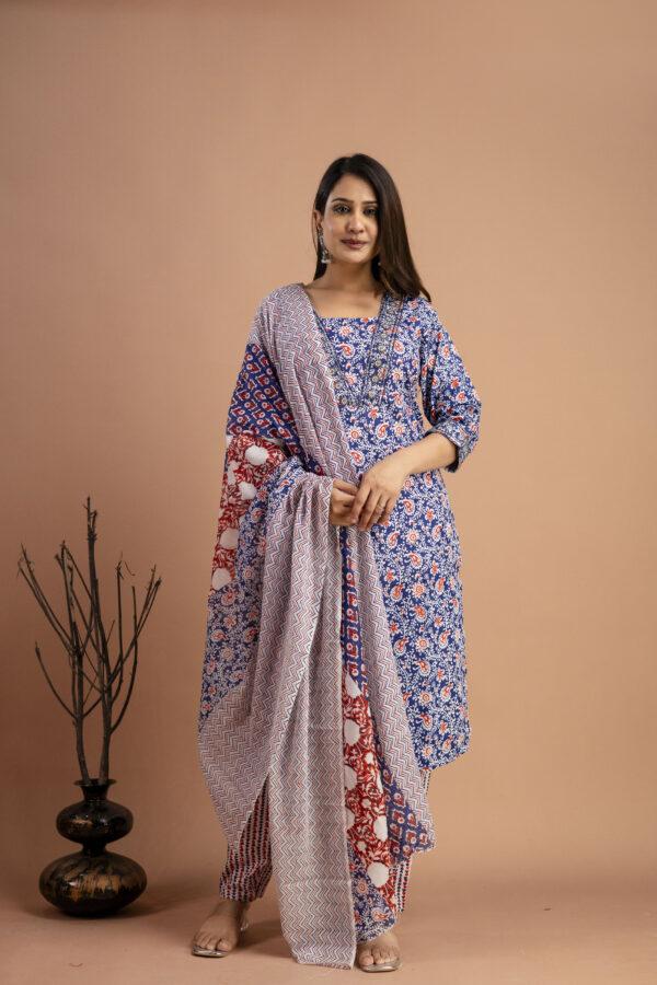 Printed V-Neck Kurti with Resham & Sequence Embellishments, Printed Dupatta & Trousers - Image 7