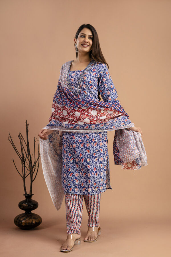 Printed V-Neck Kurti with Resham & Sequence Embellishments, Printed Dupatta & Trousers - Image 8