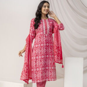 Mirror Worked Printed Kurti with Stylish Dupatta & Plain Trouser