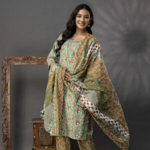 Printed V-Neck Kurti with Thread Work Set