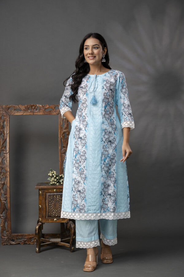 Printed Straight Kurti with V-Wing Work Set - Image 3