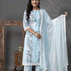Printed Straight Kurti with V-Wing Work Set