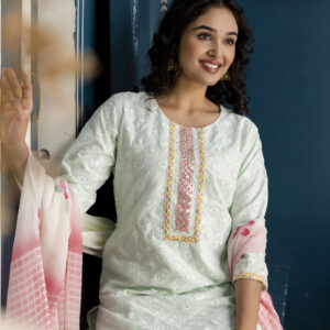 Chinnon Gotta Patti Kurti Set with Chicken Border Trouser & Printed Dupatta