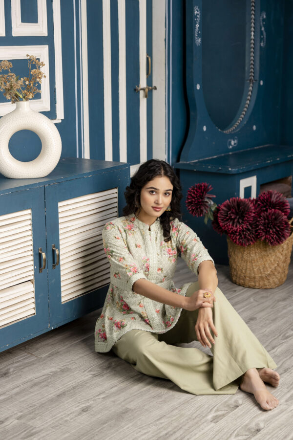 Chicken Embroidered Digital Print Kurti with Plain Flapper - Image 10