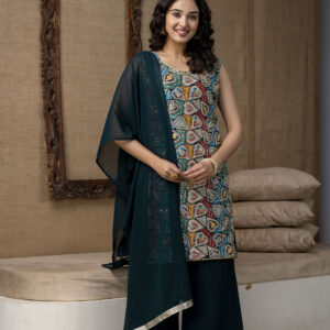 thread Worked Kurti with Palazzo & Plain Georgette Dupatta