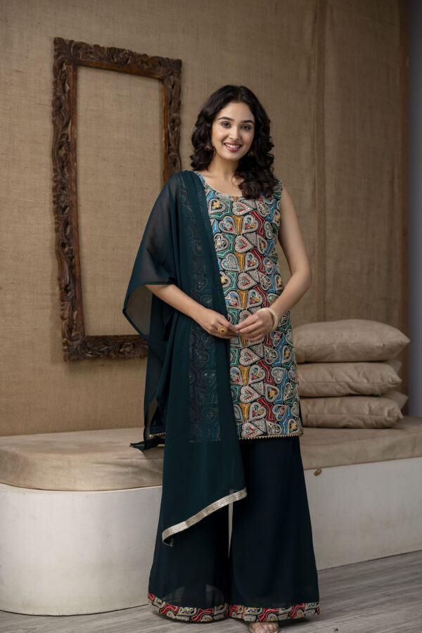 thread Worked Kurti with Palazzo & Plain Georgette Dupatta