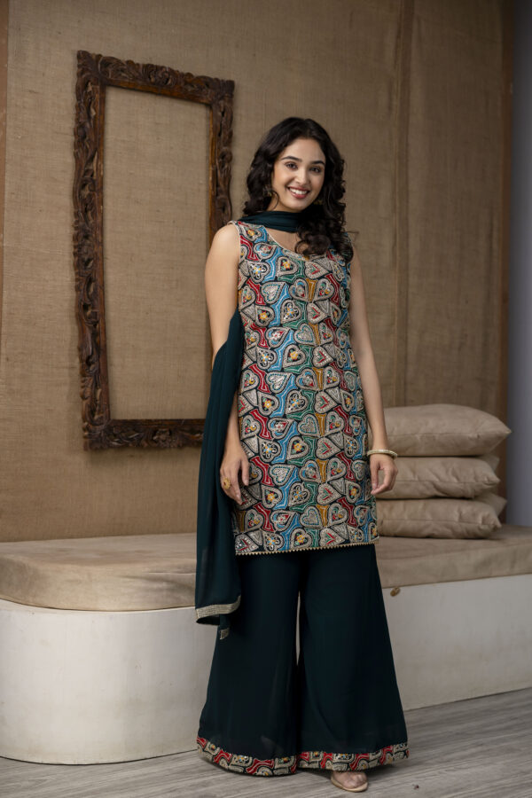 thread Worked Kurti with Palazzo & Plain Georgette Dupatta - Image 6