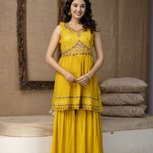 Resham Embroidered Handworked Kurti with Plain Dupatta & Georgette Sharara