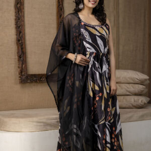 Printed Chinnon Gown with Round Neck and Step Detailing