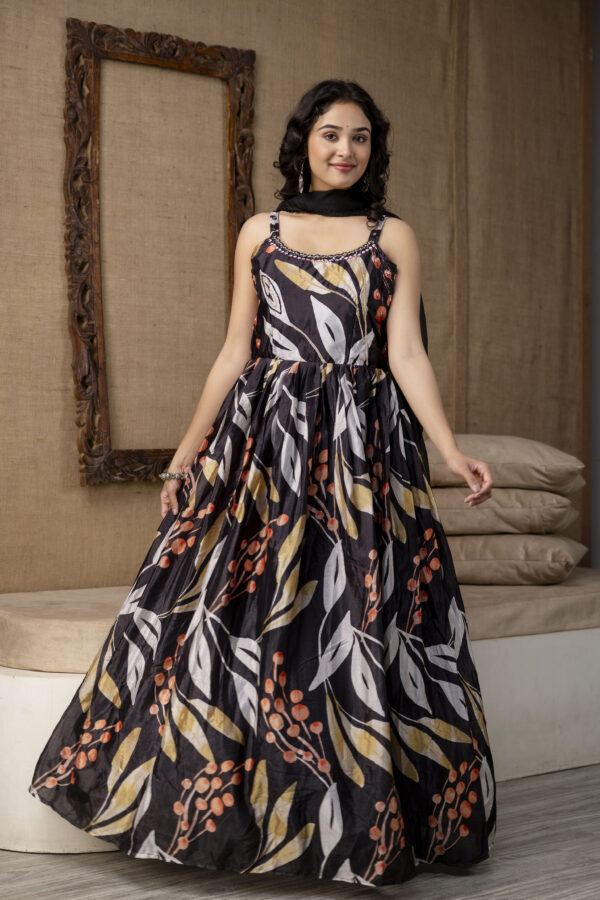 Printed Chinnon Gown with Round Neck and Step Detailing - Image 6
