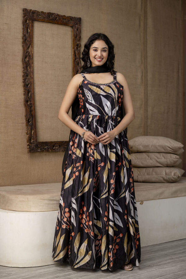 Printed Chinnon Gown with Round Neck and Step Detailing - Image 7