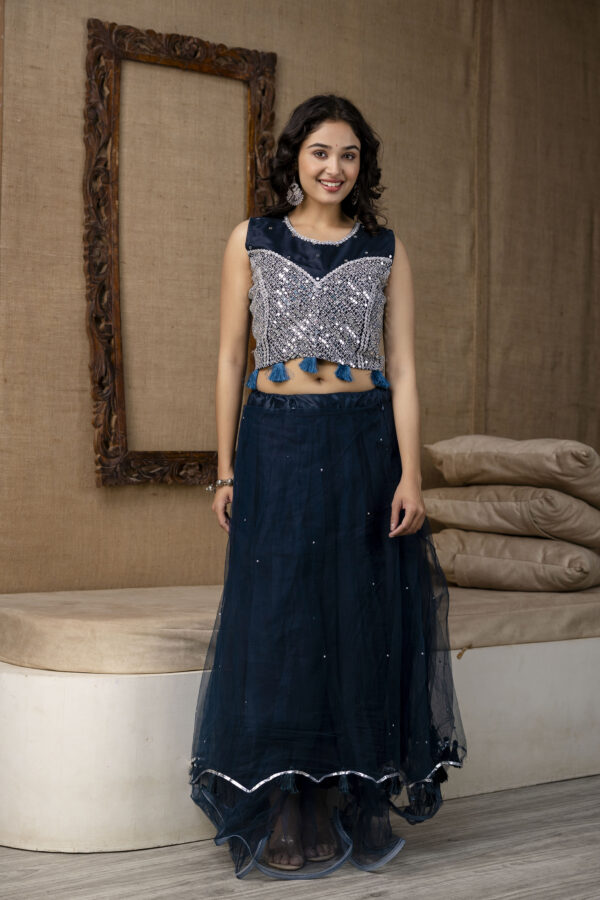 Mirror Worked Crop Top with Skirt &  NET Dupatta - Image 11