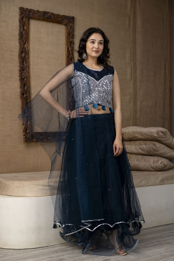 Mirror Worked Crop Top with Skirt &  NET Dupatta - Image 10