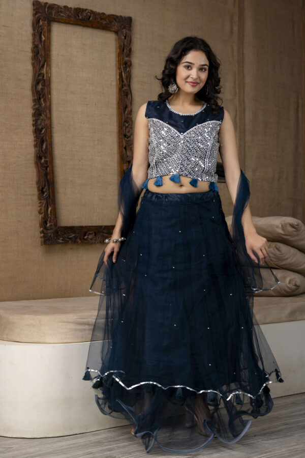 Mirror Worked Crop Top with Skirt &  NET Dupatta - Image 9