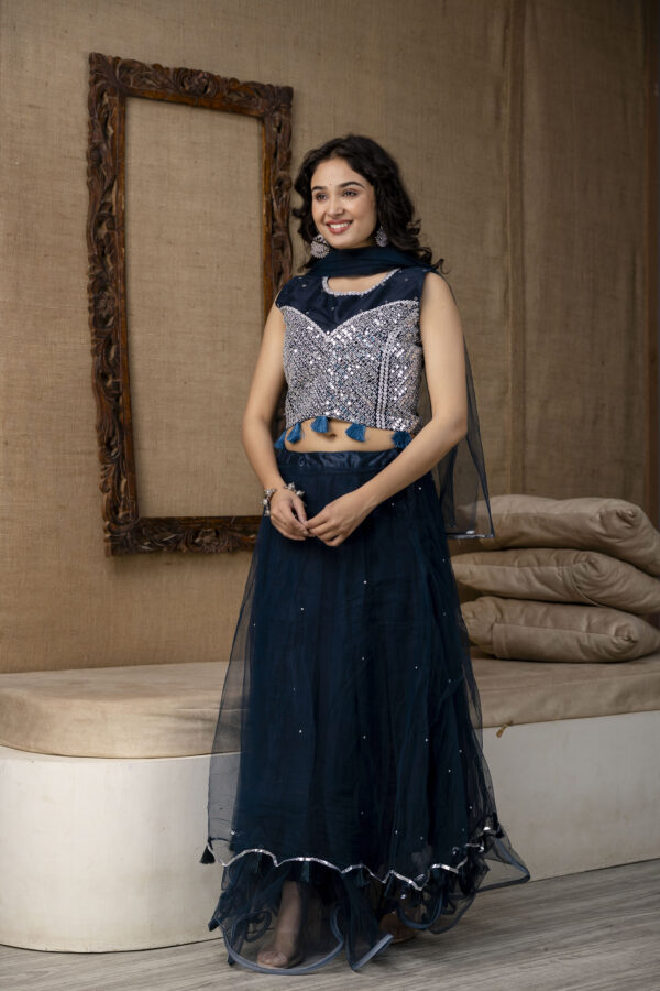 Mirror Worked Crop Top with Skirt &  NET Dupatta - Image 8