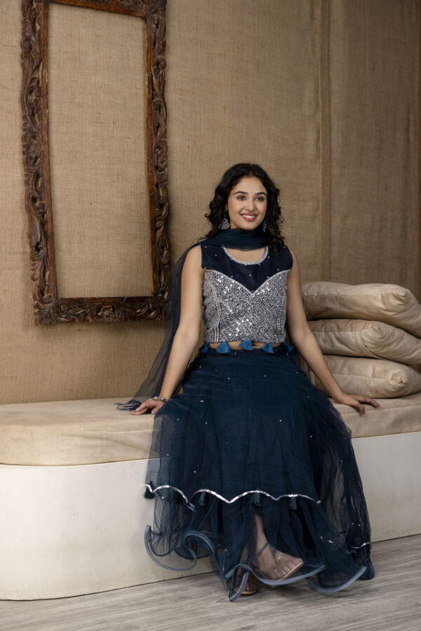 Mirror Worked Crop Top with Skirt &  NET Dupatta - Image 7