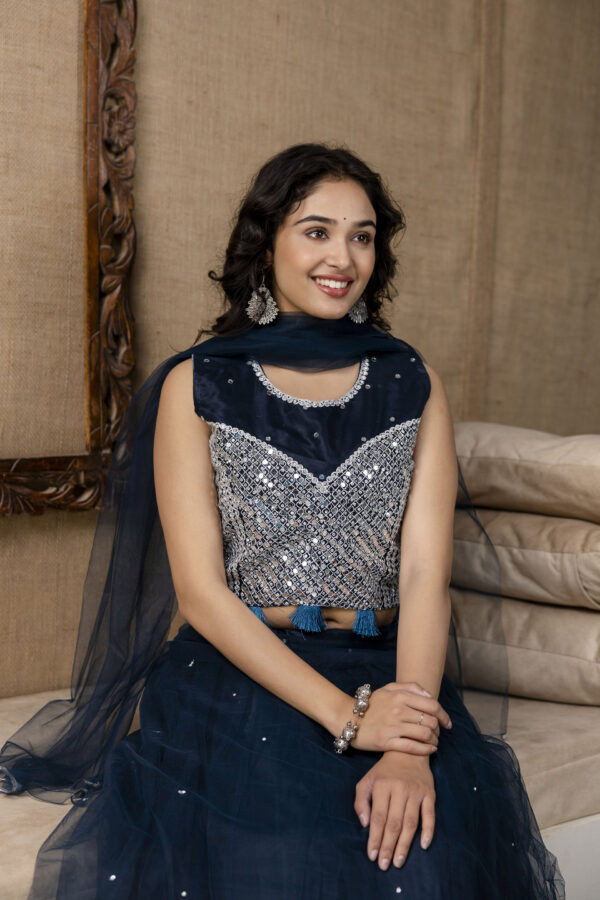 Mirror Worked Crop Top with Skirt &  NET Dupatta - Image 3
