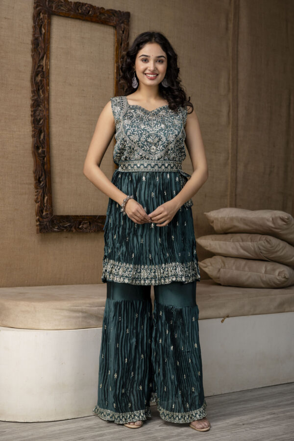 Embellished Sequined & Jari Kurti with Jari Detailed Sharara & Solid Dupatta - Image 3