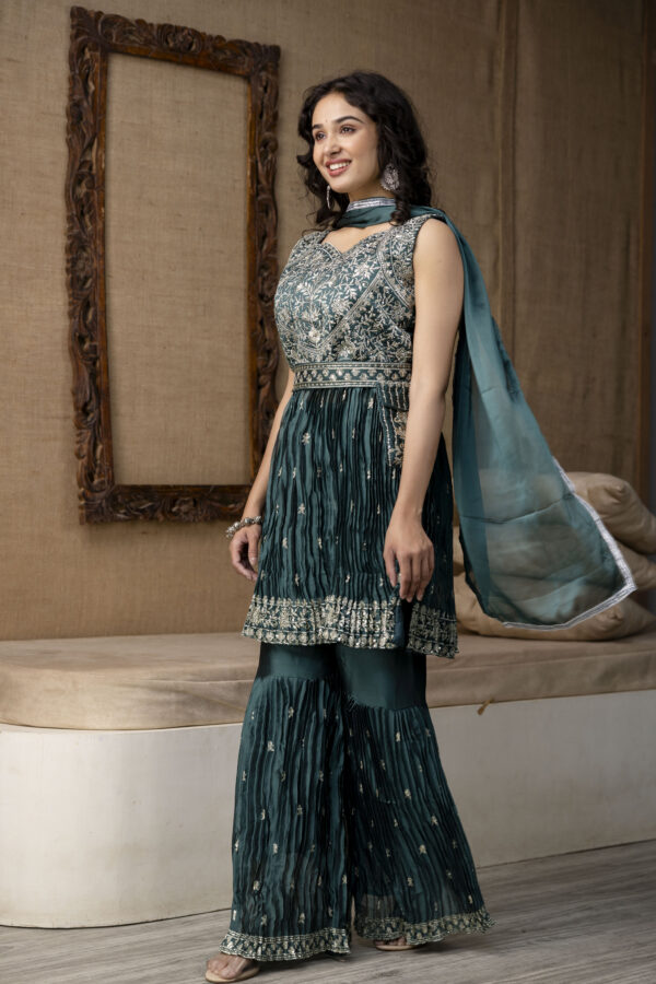 Embellished Sequined & Jari Kurti with Jari Detailed Sharara & Solid Dupatta - Image 7