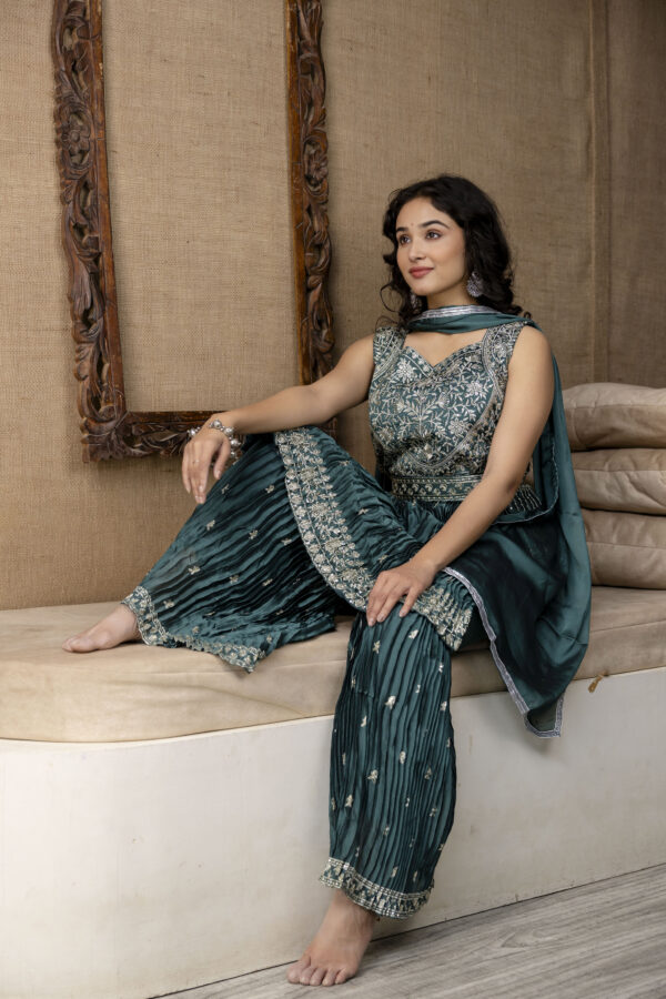 Embellished Sequined & Jari Kurti with Jari Detailed Sharara & Solid Dupatta - Image 8