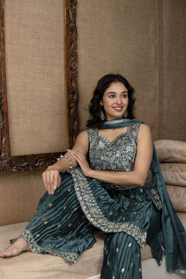 Embellished Sequined & Jari Kurti with Jari Detailed Sharara & Solid Dupatta