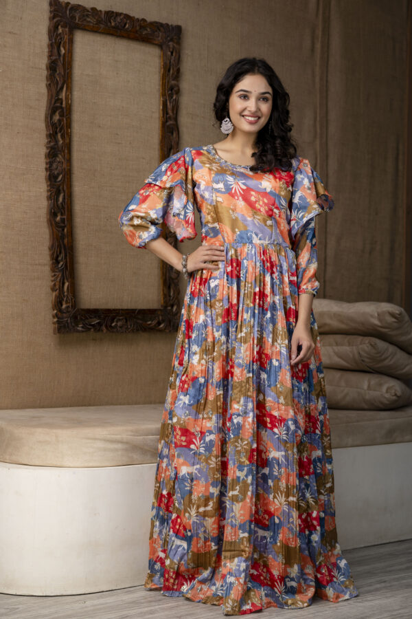 Multicolour Chinnon Printed Handworked Gown with Belt - Image 3