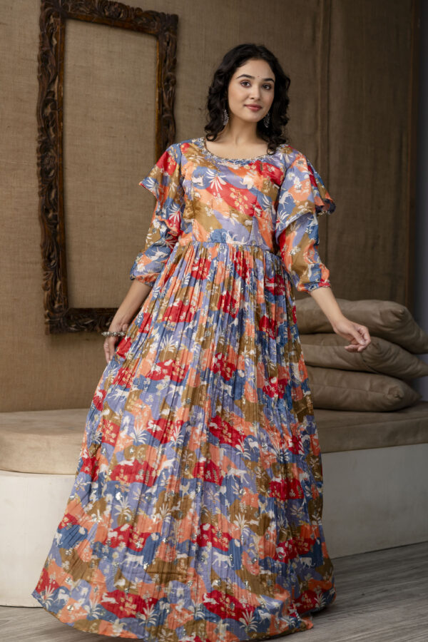 Multicolour Chinnon Printed Handworked Gown with Belt - Image 5