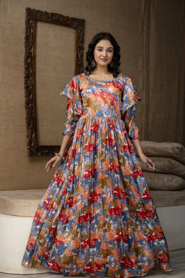 Multicolour Chinnon Printed Handworked Gown with Belt - Image 6