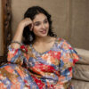 Multicolour Chinnon Printed Handworked Gown with Belt