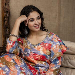 Multicolour Chinnon Printed Handworked Gown with Belt