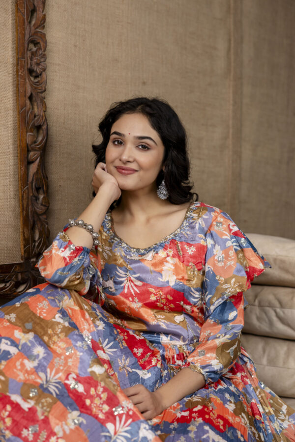 Multicolour Chinnon Printed Handworked Gown with Belt - Image 8