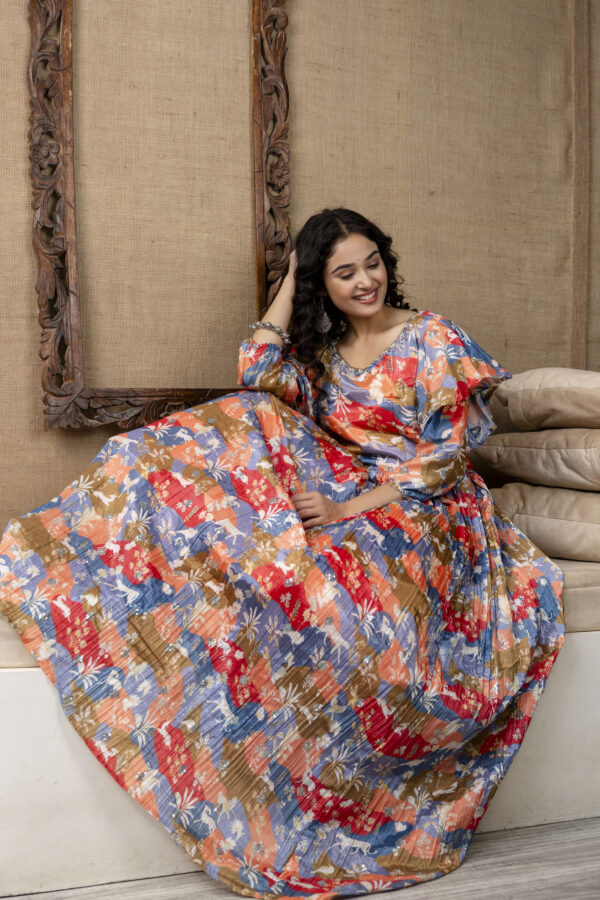Multicolour Chinnon Printed Handworked Gown with Belt - Image 9