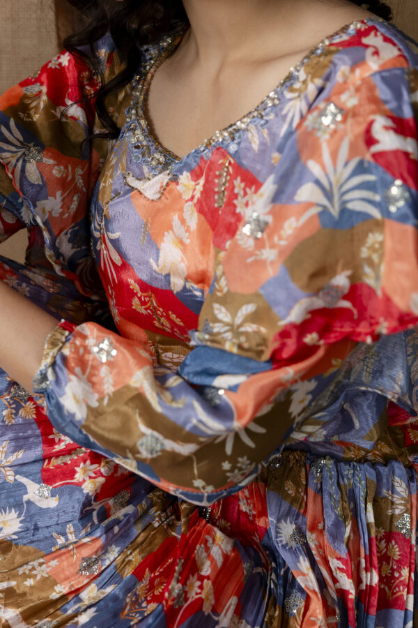 Multicolour Chinnon Printed Handworked Gown with Belt - Image 10