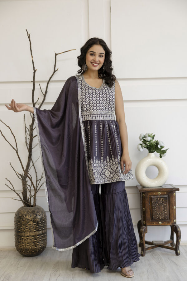 Kadhai Embroidered Kurti with Dori & Miner Detailing, Plain Sharara & Dupatta - Image 3