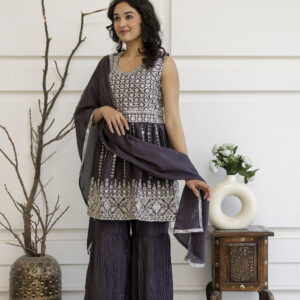 Kadhai Embroidered Kurti with Dori & Miner Detailing, Plain Sharara & Dupatta